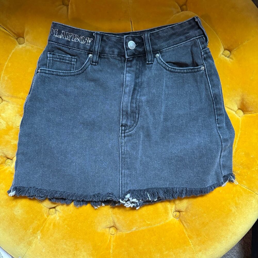 Playboy by PacSun Black Denim Mini Skirt Size 23 Rhinestone Bunny Y2K